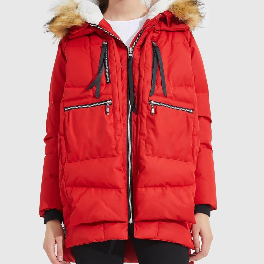 OROLAY 092 Fiery Red Down Jacket with Faux Fur Hood
